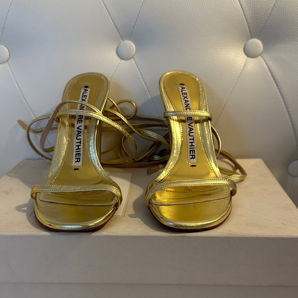 Alexandre Vauthier 105mm Faux
Patent Leather Sandal in Gold Strappy Heels